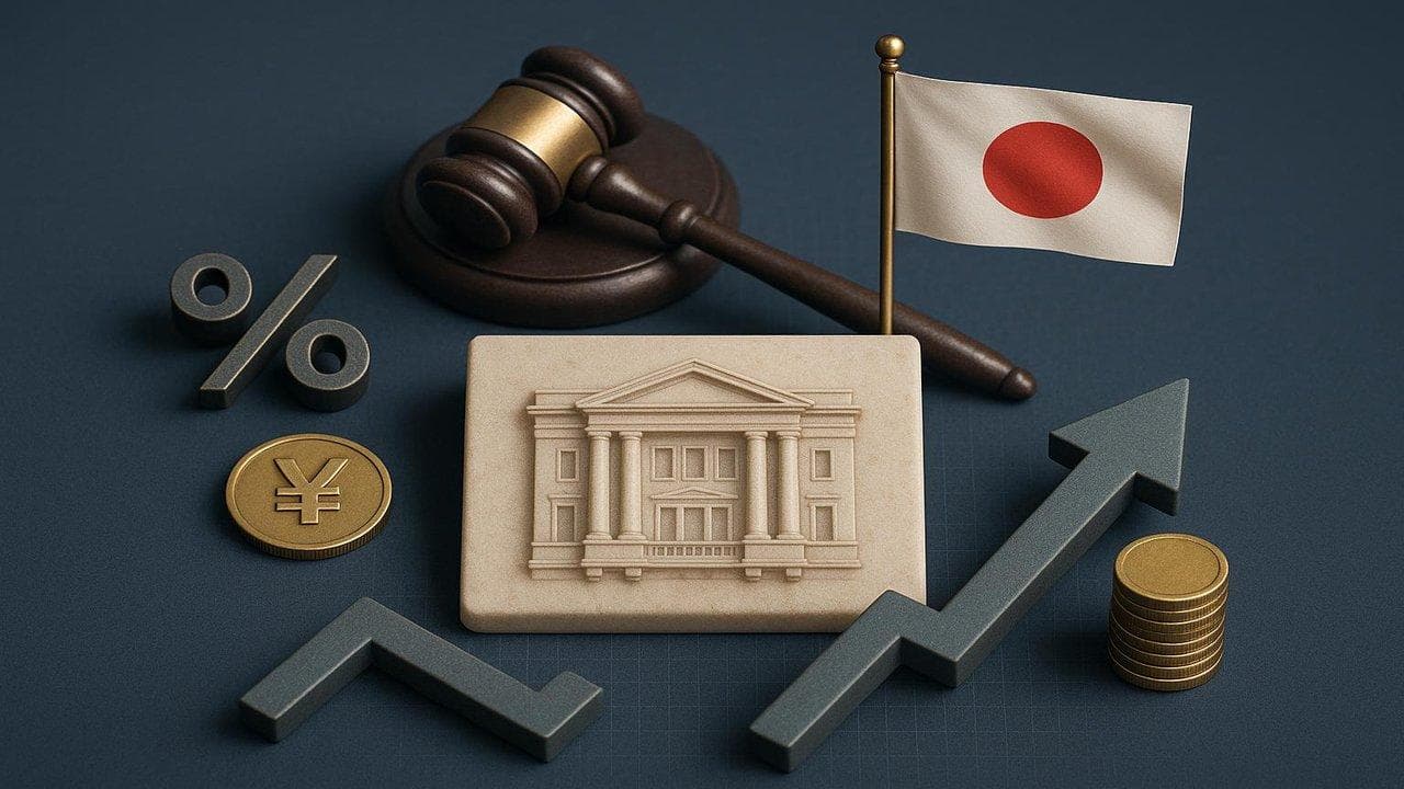 Bank of Japan building with 0.75% rate decision and Japanese debt market concerns highlighted