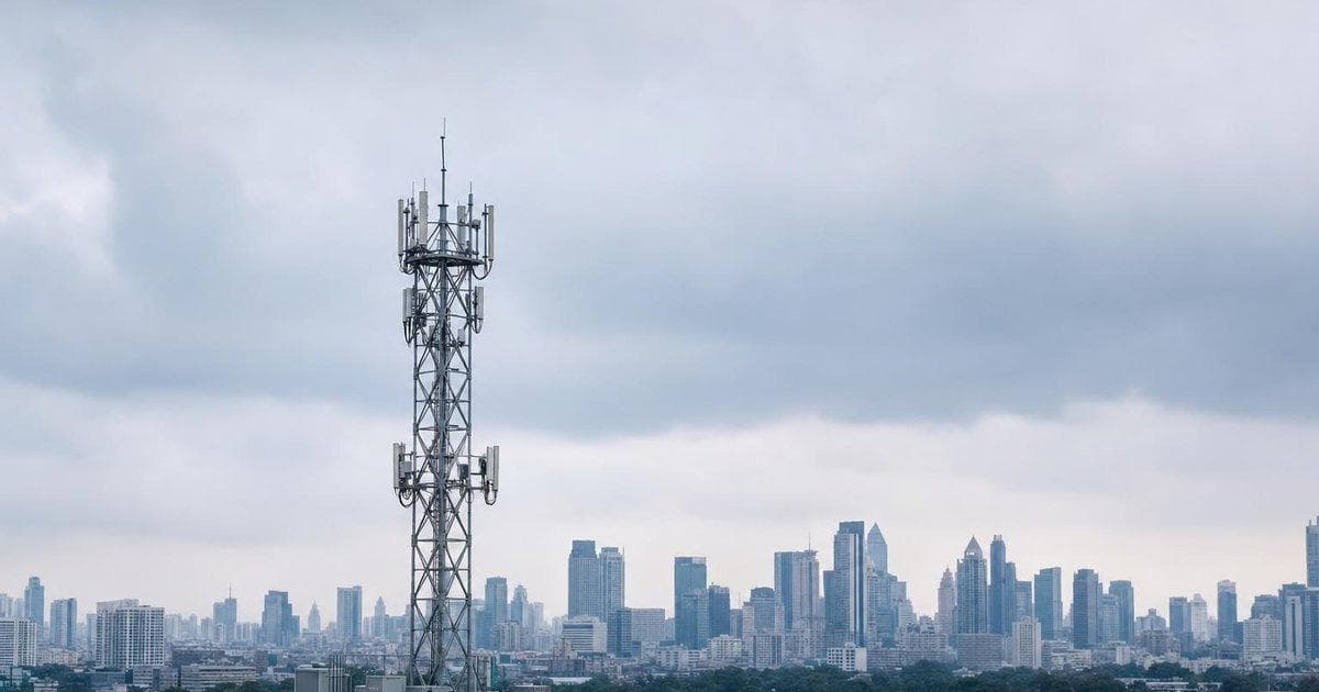 Cell tower above city skyline illustrating major telecom M&A deal for SFR in European mobile market