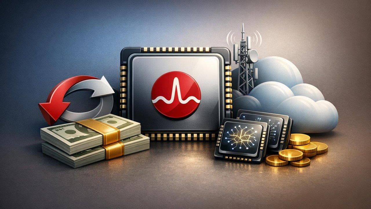 Broadcom logo with AI chip and telecom cloud graphics highlighting buyback announcement