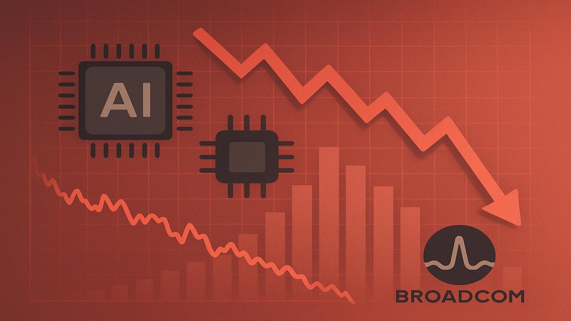 Broadcom stock chart falling with AI chip sector icons after margin warning