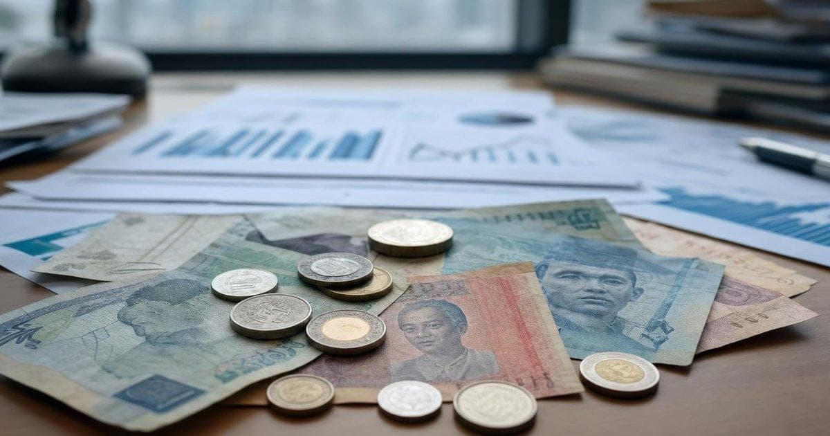 Emerging market banknotes and coins on a central bank desk amid rising inflation and weak currency BSP outlook