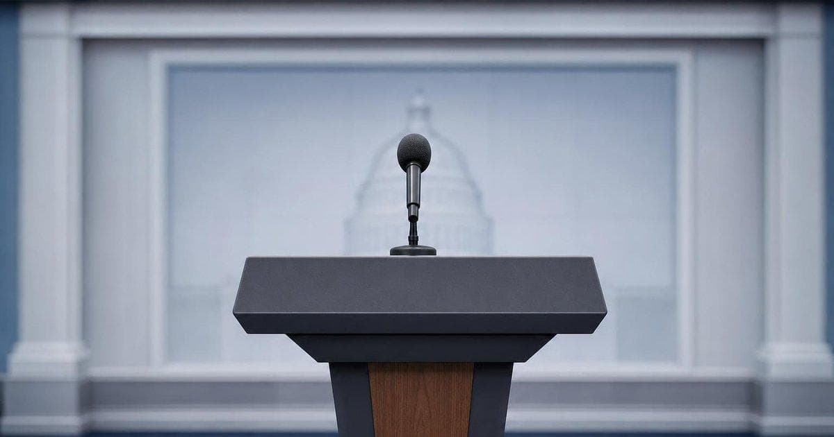 Podium with microphones in a government press room illustrating new youth digital safety bill and online platform rules