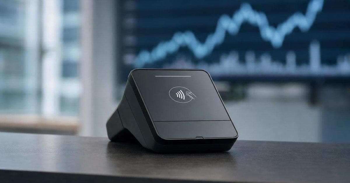 Contactless payment terminal in store with rising stock chart, illustrating Nexi stake move and derivatives exposure