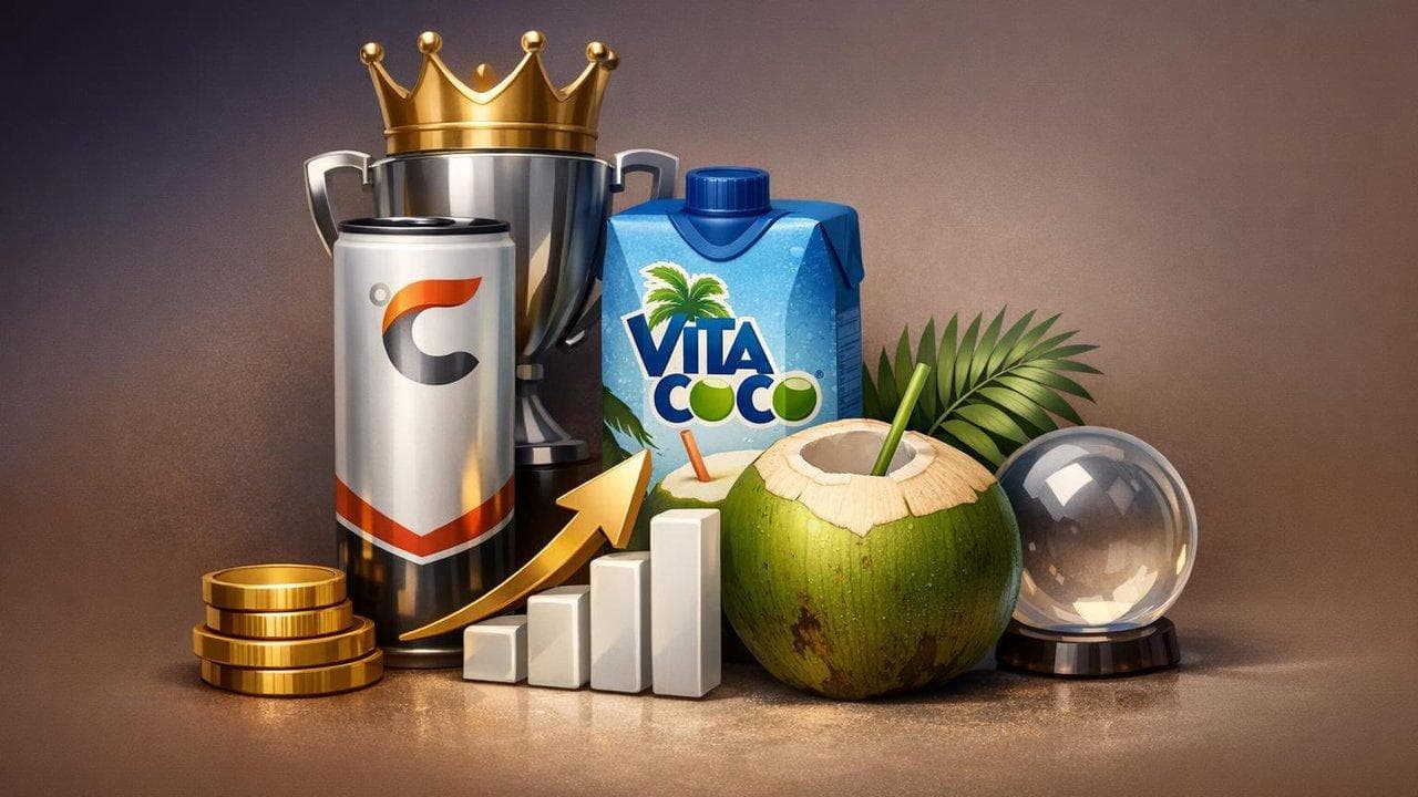 Celsius and Vita Coco logos with growth chart, highlighting beverage sector earnings performance