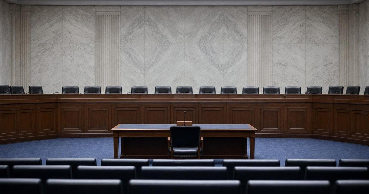 Empty regulatory hearing room symbolizing new CFTC rules for online prediction markets