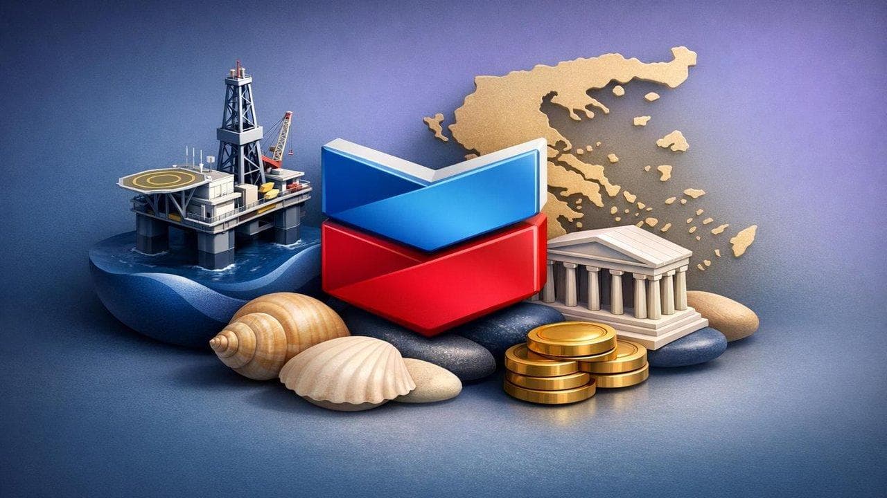 Chevron logo with map highlighting new deepwater leases offshore Greece in the Mediterranean Sea