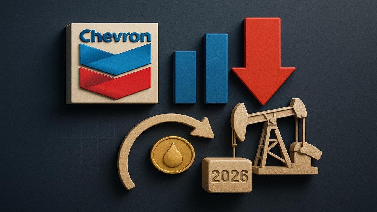 Chevron logo with production chart showing record output and Q4 profit decline