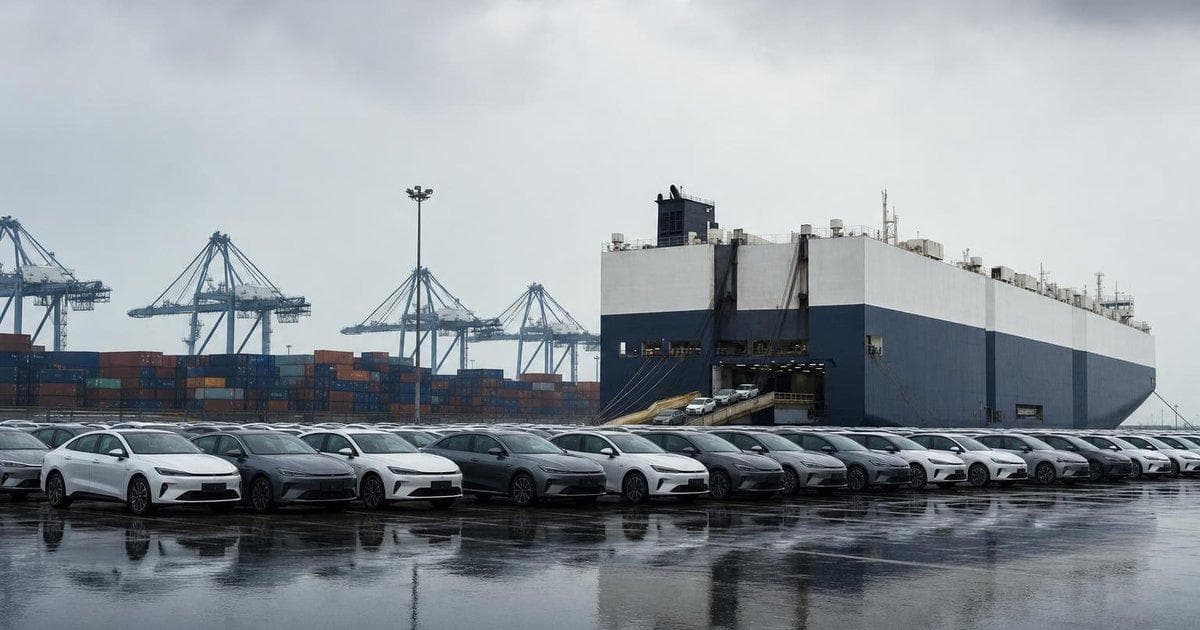 Electric vehicles being loaded onto a car carrier ship at a port amid rising China auto exports and EV sales