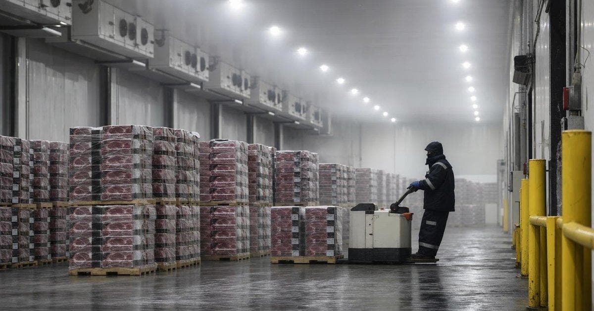 Refrigerated pallets of boxed beef in an export warehouse amid tariff risk for Australian beef exporters