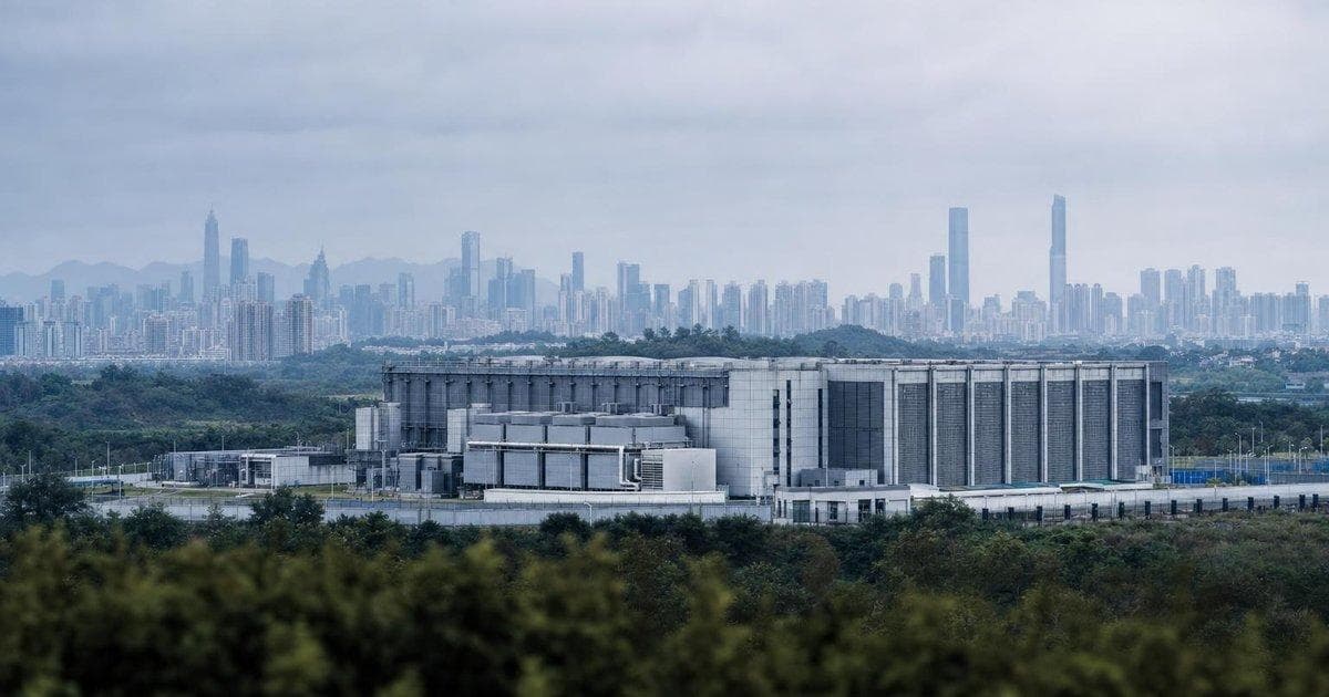 Modern AI data center complex near an East Asian city, illustrating large-scale AI infrastructure expansion