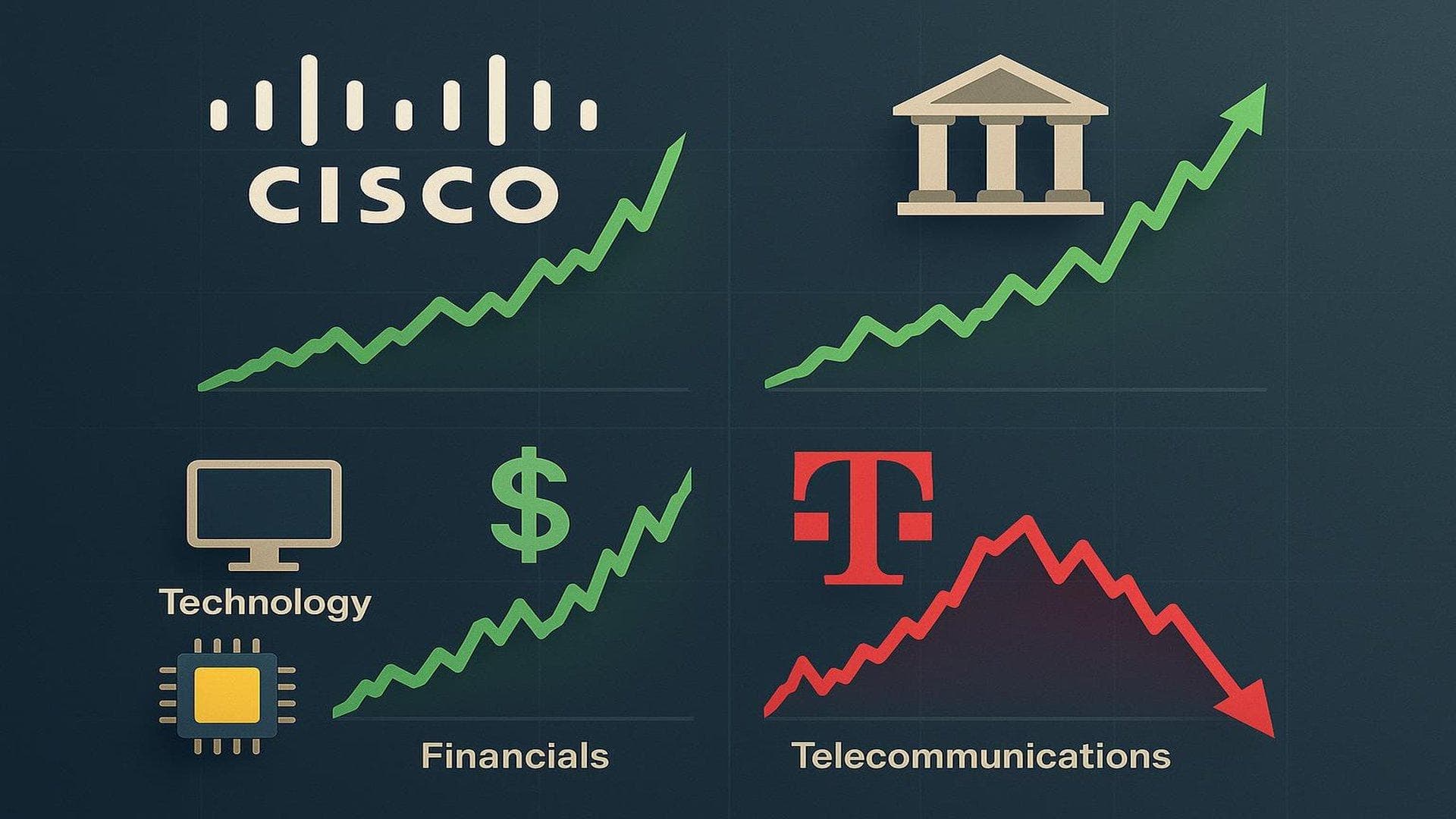 Stock market chart showing Cisco, banks, AI and chip stocks rising, T-Mobile declining
