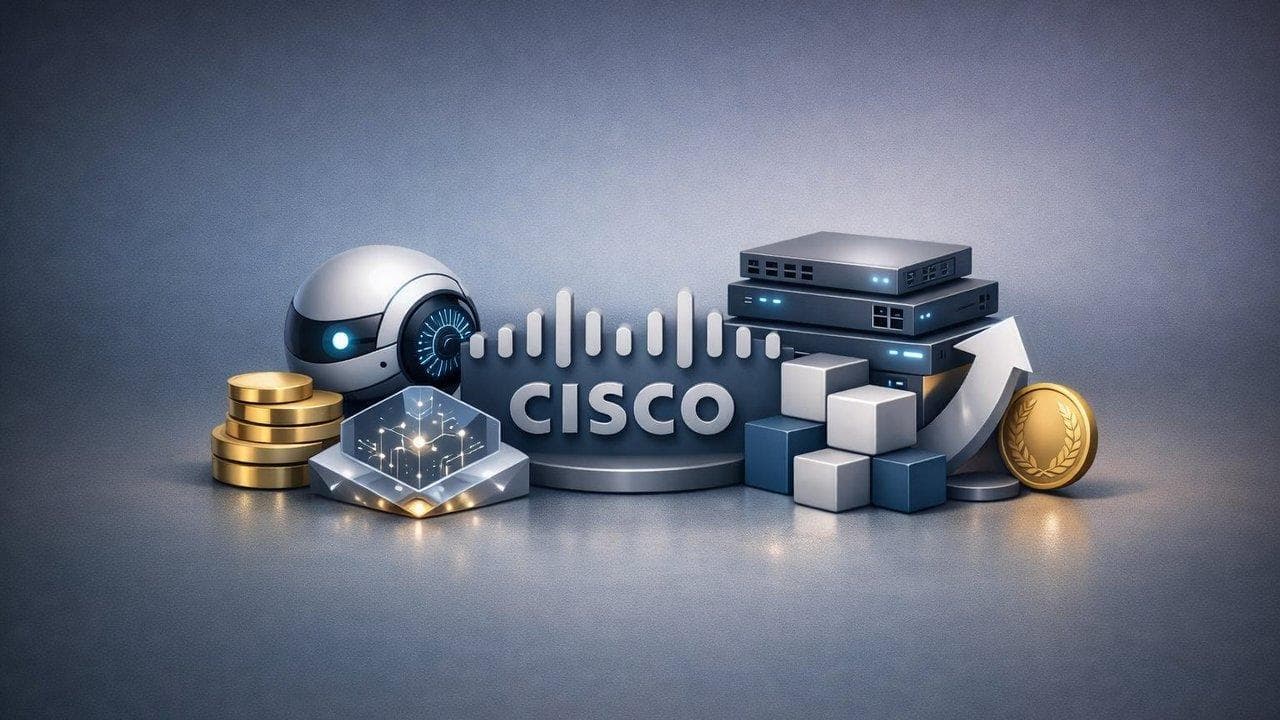 Cisco logo with financial charts highlighting record Q2 results and AI-driven growth