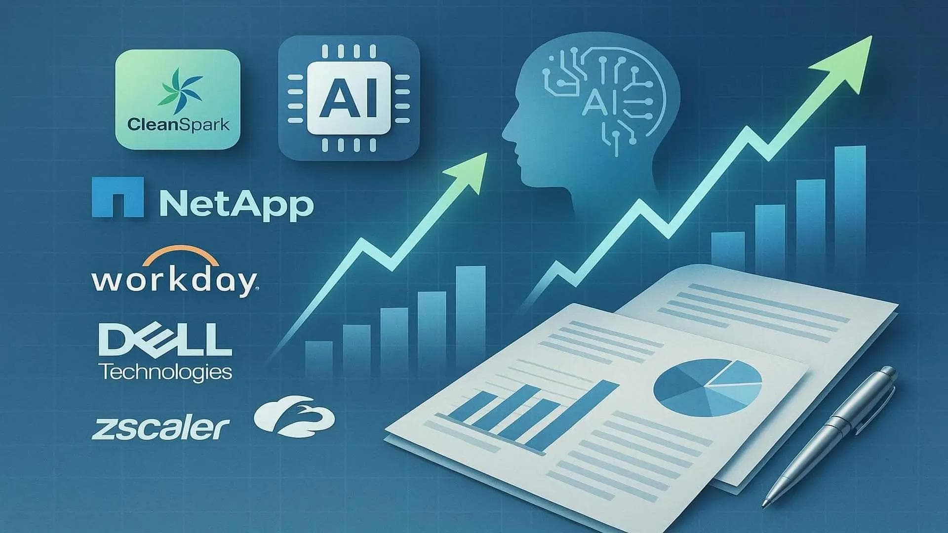 AI-driven earnings growth for CleanSpark, NetApp, Workday, Dell, Zscaler with rising stock charts