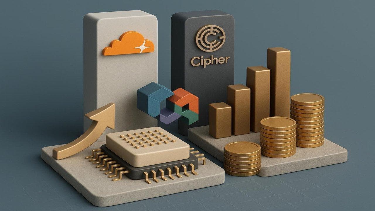 Cloudflare, Cipher, and Groq logos with AI infrastructure network graphics highlighting sector growth