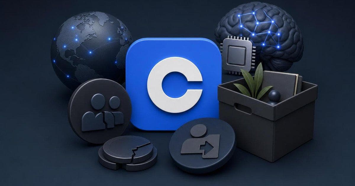 Coinbase logo over crypto market chart highlighting 14% workforce cuts and AI pivot