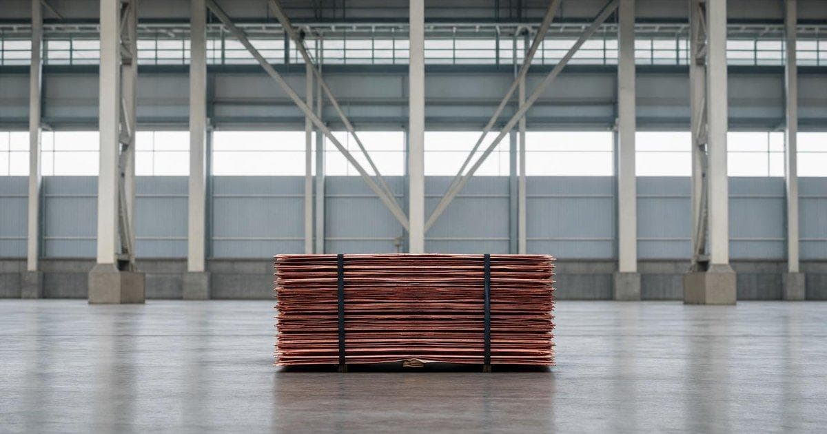 Stacked copper cathode sheets in a warehouse as copper futures slide on supply and tariff worries