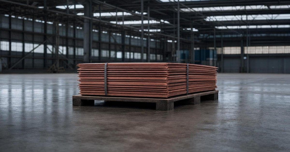 Stacked copper cathode sheets in a warehouse as copper prices rise ahead of tariff deadline