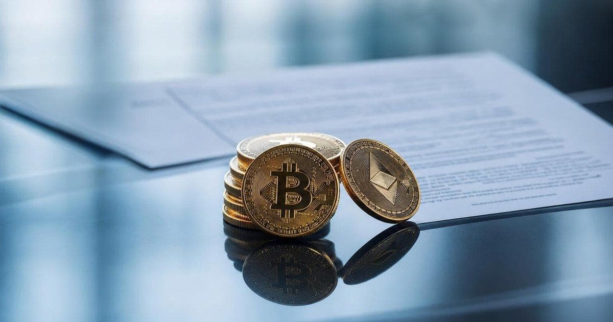 Physical crypto coins on a trading desk with regulatory documents as BTCUSD and ETHUSD prices fall