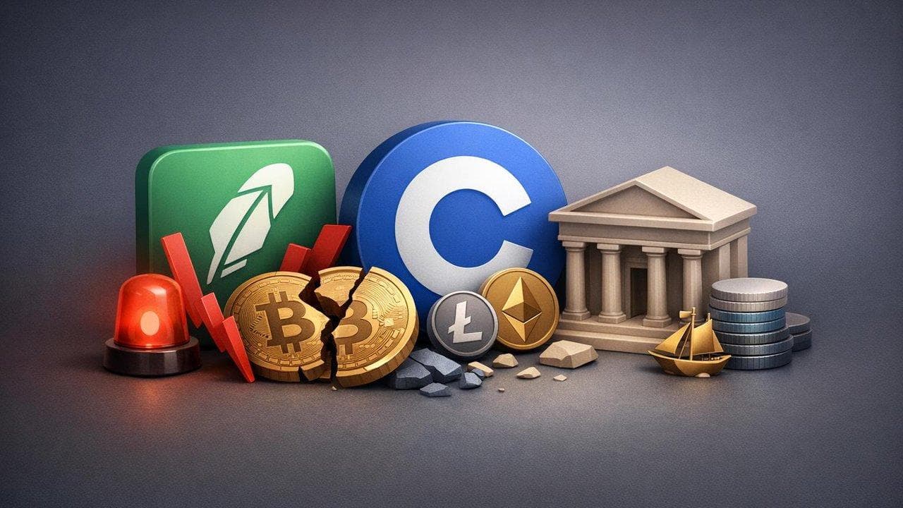 Crypto market decline affecting Robinhood and Coinbase trading platforms, investor shift to Charles Schwab