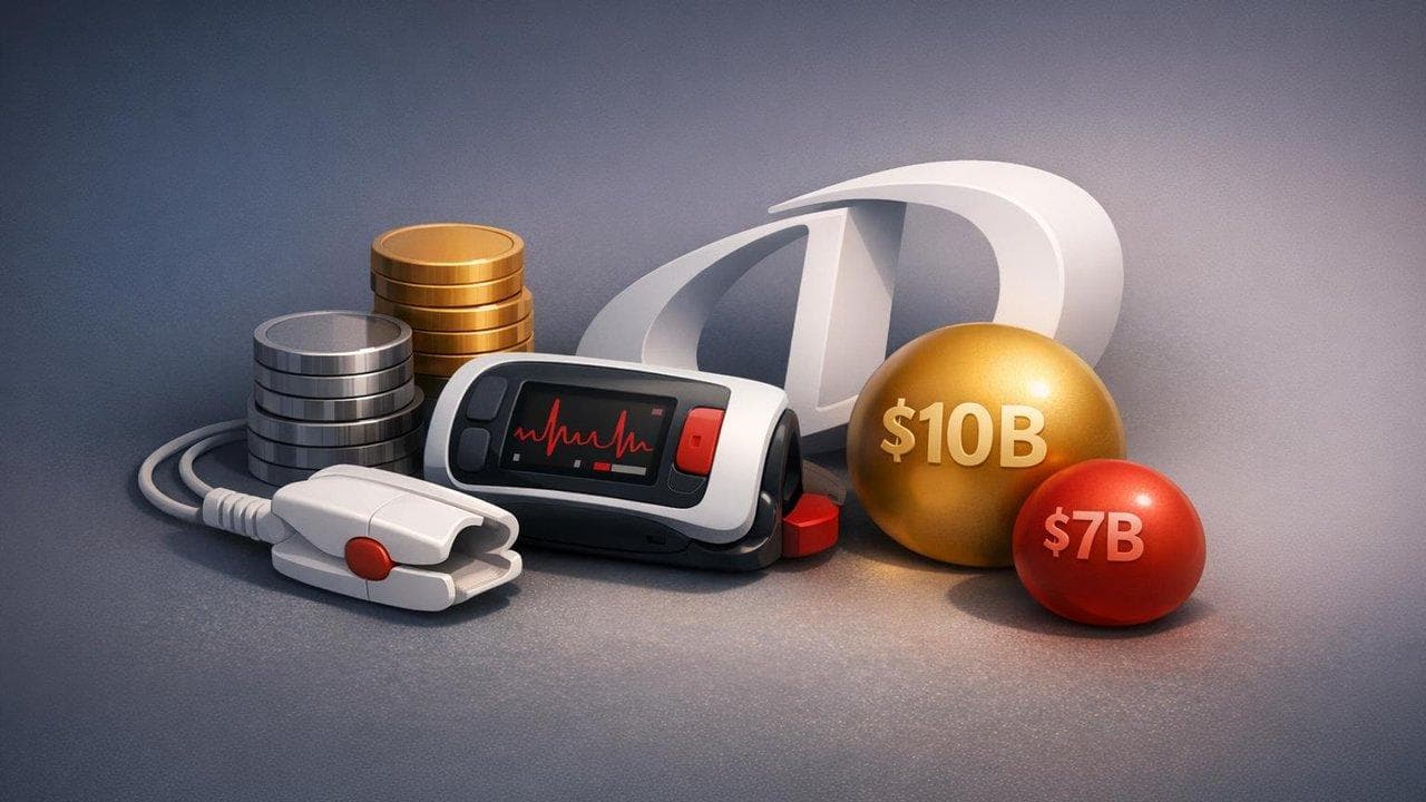 Danaher and Masimo logos with $10B acquisition headline, highlighting major M&A in medical technology sector