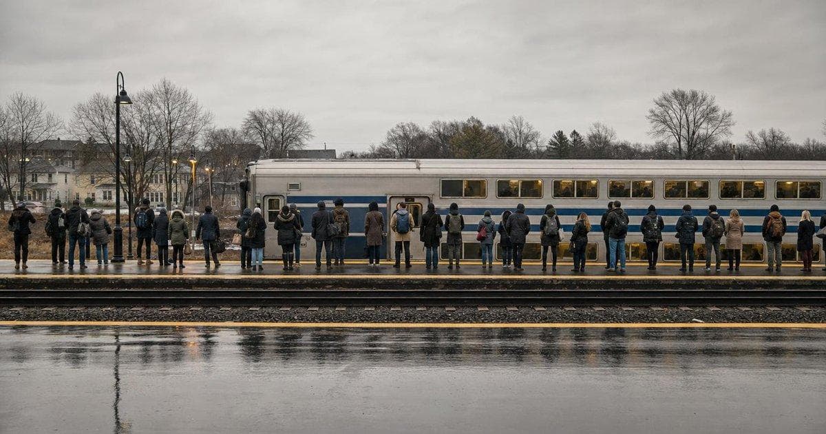 Commuter train at suburban platform as rail service resumes after labor deal on Long Island Rail Road strike
