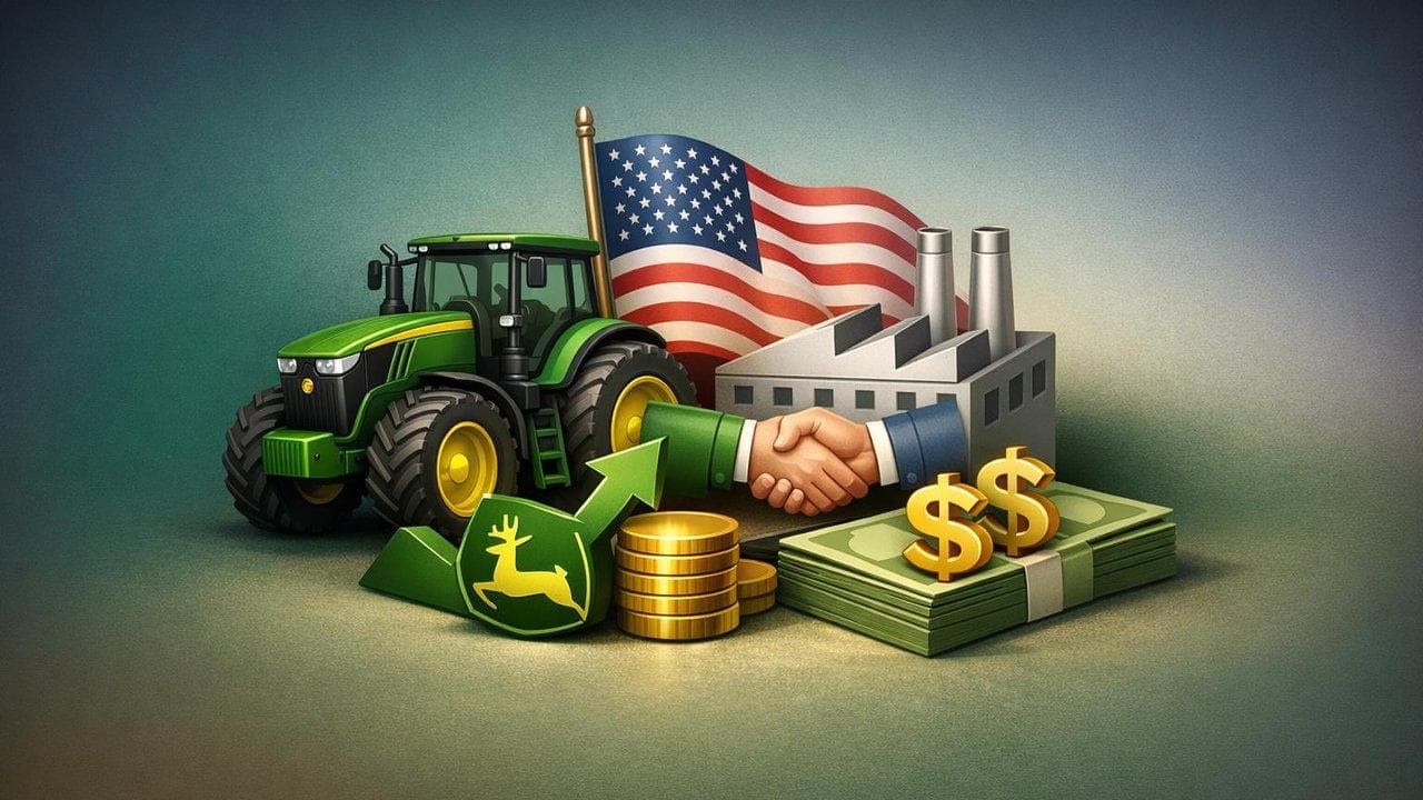 Deere logo with upward sales chart and U.S. manufacturing partnership theme