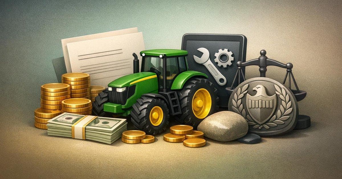 Deere right-to-repair settlement illustration highlighting digital repair access and FTC lawsuit context