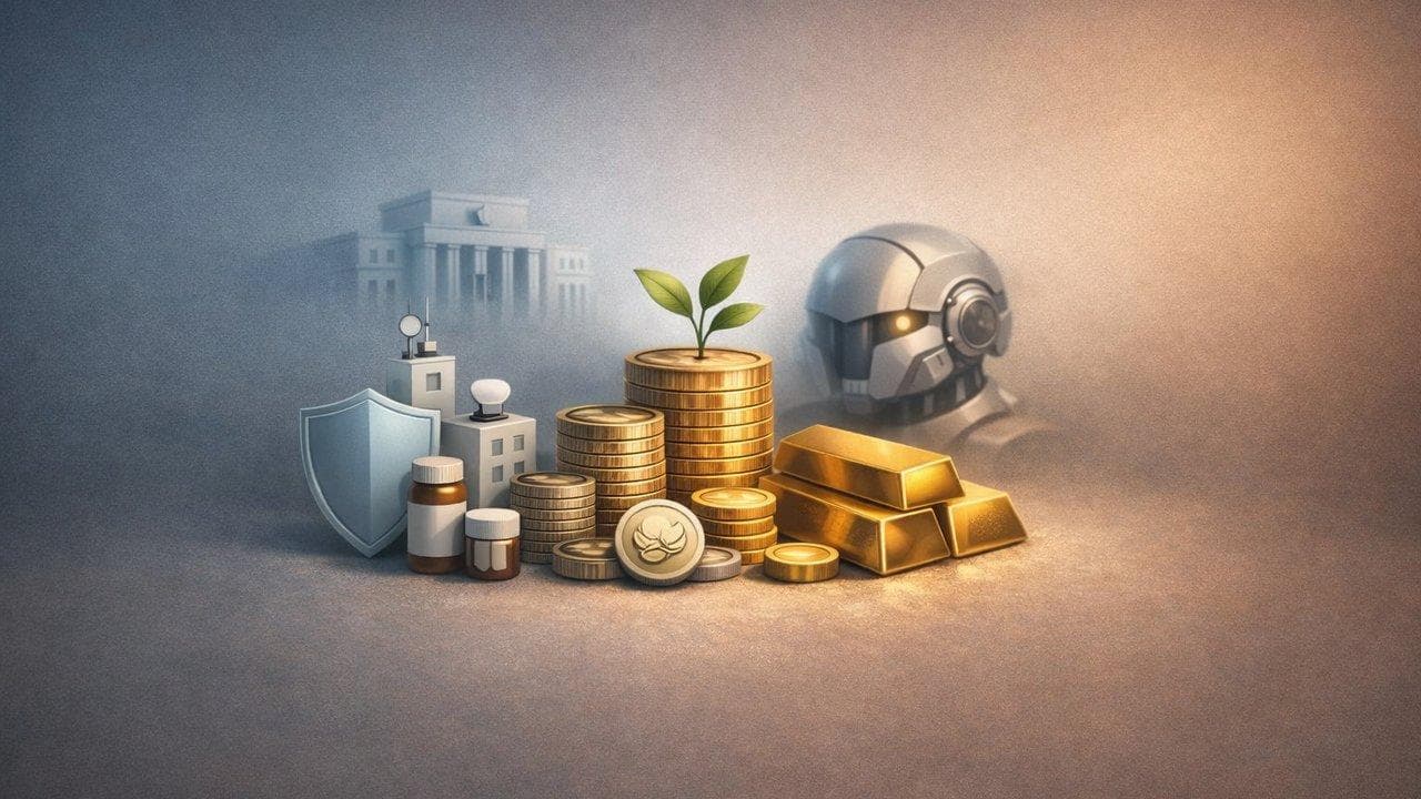 Defensive stocks and gold price chart showing safe-haven demand amid AI fears and Fed changes