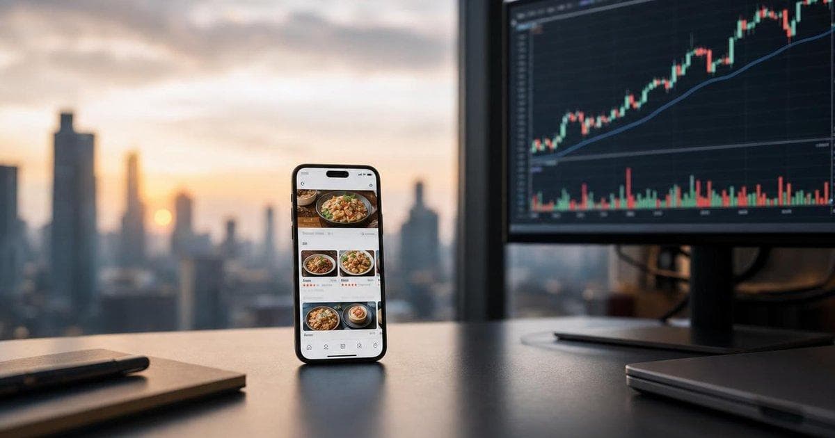 Smartphone with food delivery app beside rising stock chart as delivery and ride-hailing shares jump