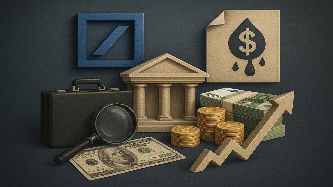 Deutsche Bank logo with financial chart showing profit surge and mention of money-laundering probe