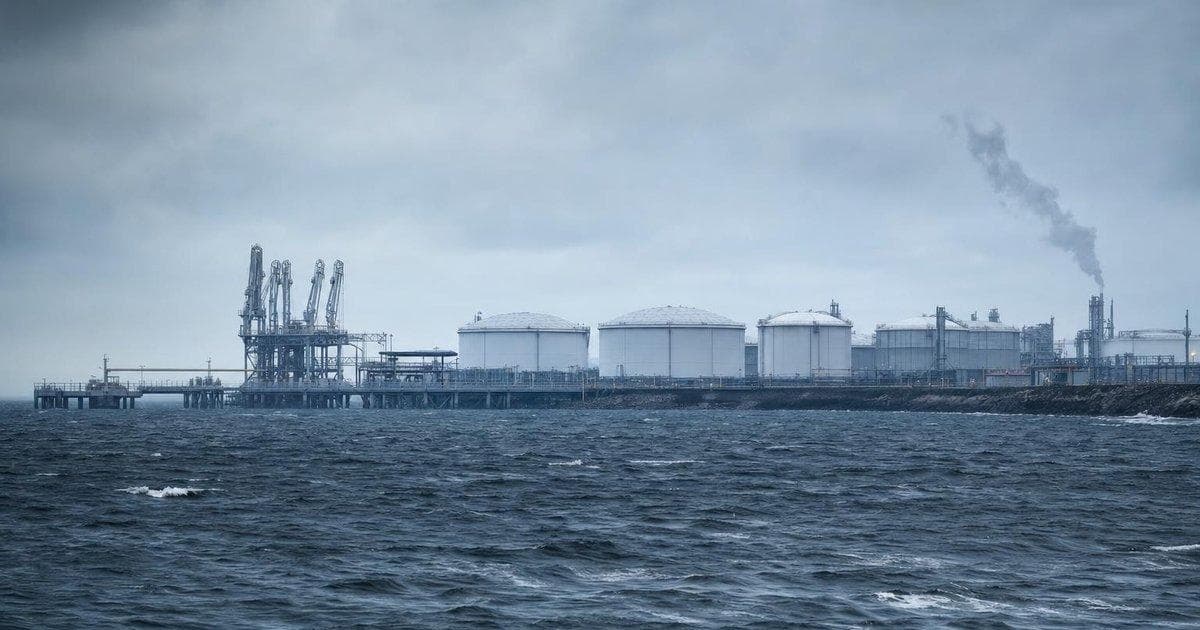 Oil storage tanks at a Black Sea export terminal amid smoke, highlighting crude supply risk after drone attack