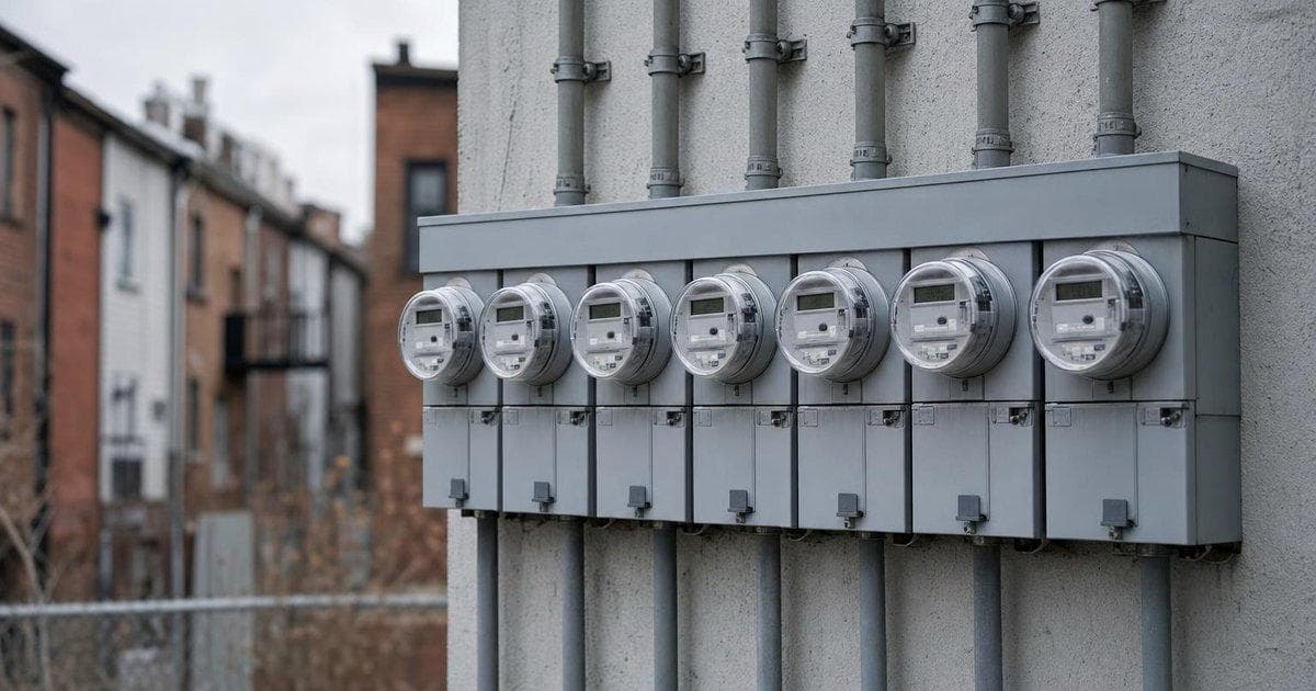 Digital electricity meters on UK homes illustrating major energy sector deal and consolidation