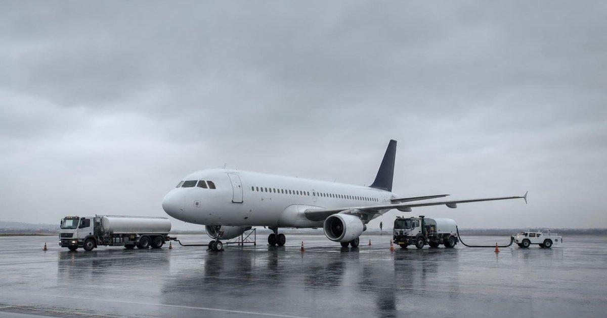 Passenger jet on overcast airport tarmac illustrating airline losses from Middle East war impact on fuel costs