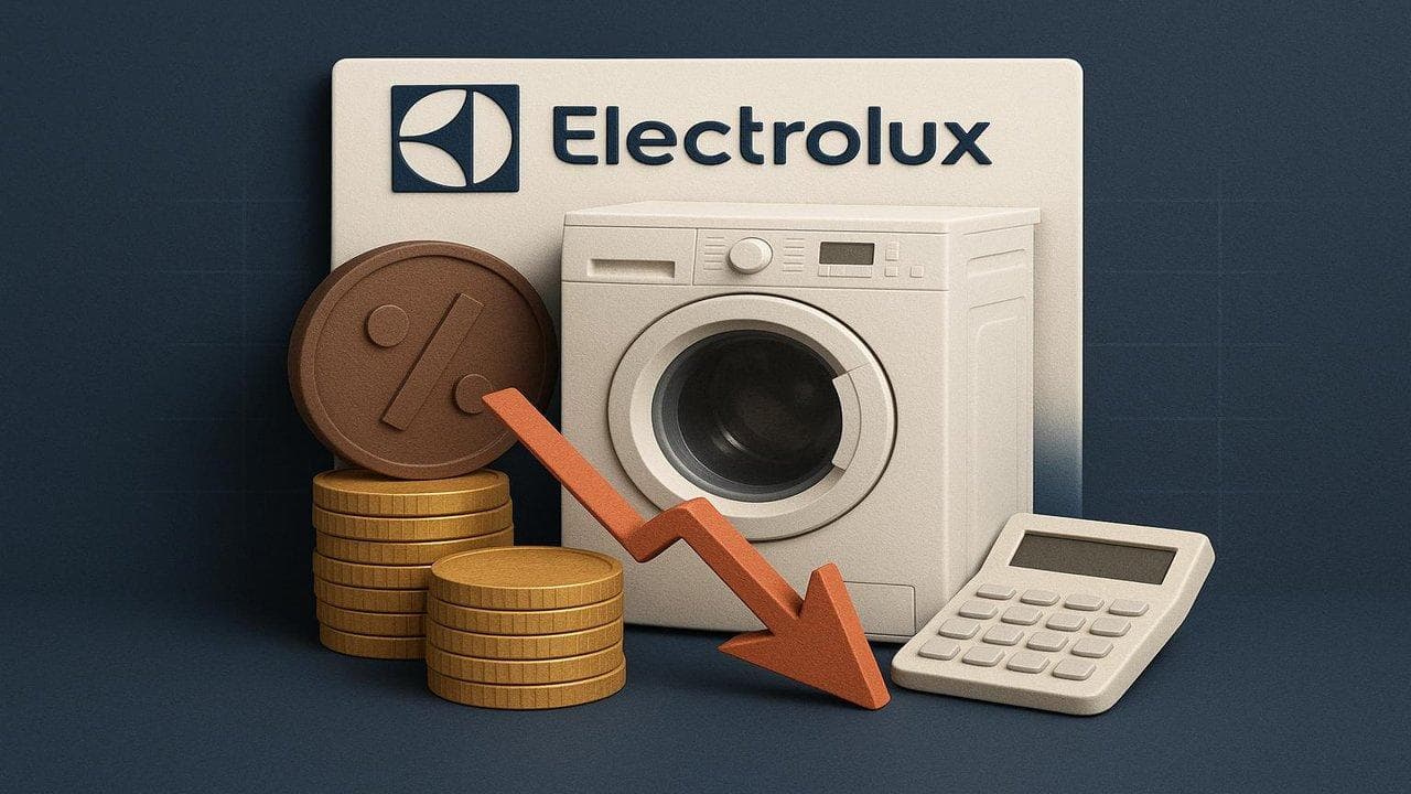 Electrolux logo with financial chart showing 2025 profit boost and 2026 caution