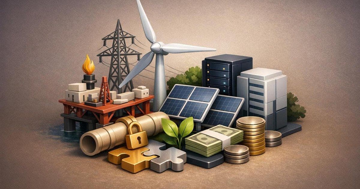 Energy transition graphic showing renewables, data centers, and cash-resilient energy stocks reshaping markets