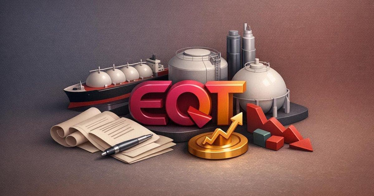EQT stock and LNG export terminal graphic highlighting long-term supply deals and valuation gap
