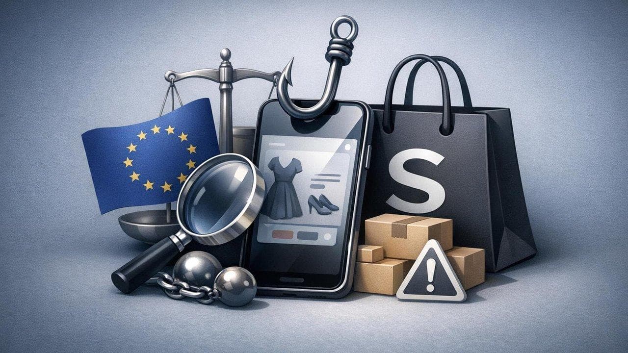 Shein app interface with EU regulatory symbols highlighting fast-fashion probe and safety concerns