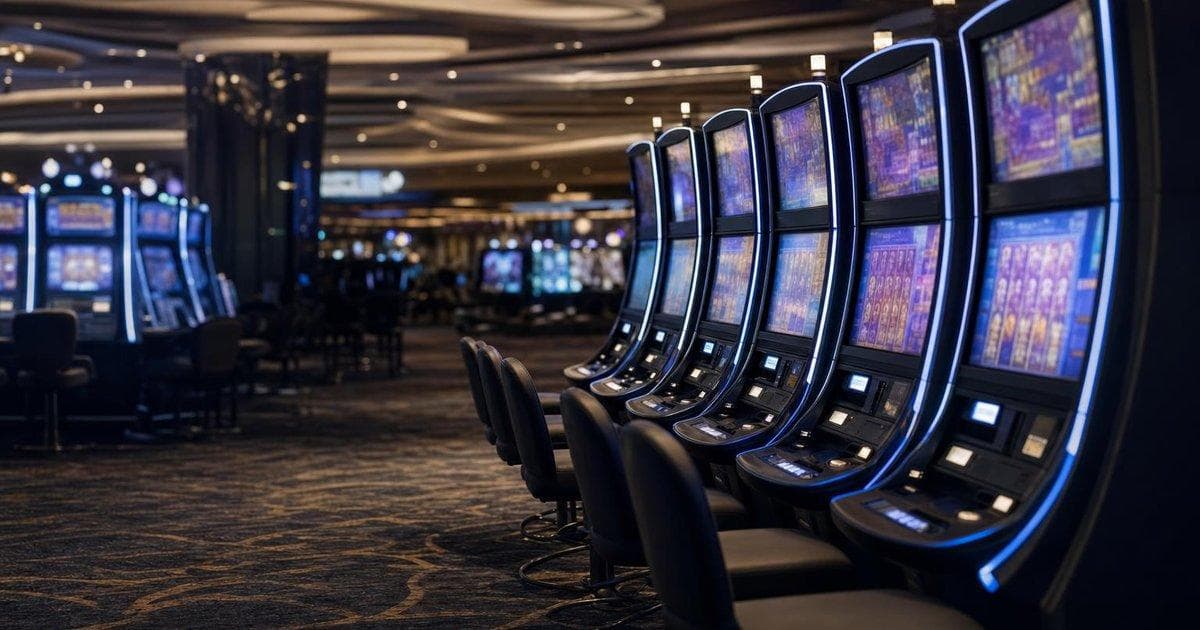 Casino gaming machines in a large gaming hall illustrating positive takeover news in the gaming sector