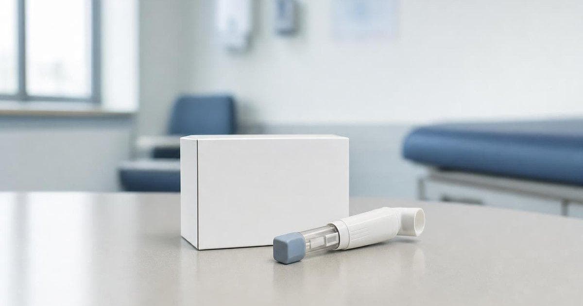 Inhaled insulin inhaler and box on clinic table after FDA pediatric approval for Afrezza