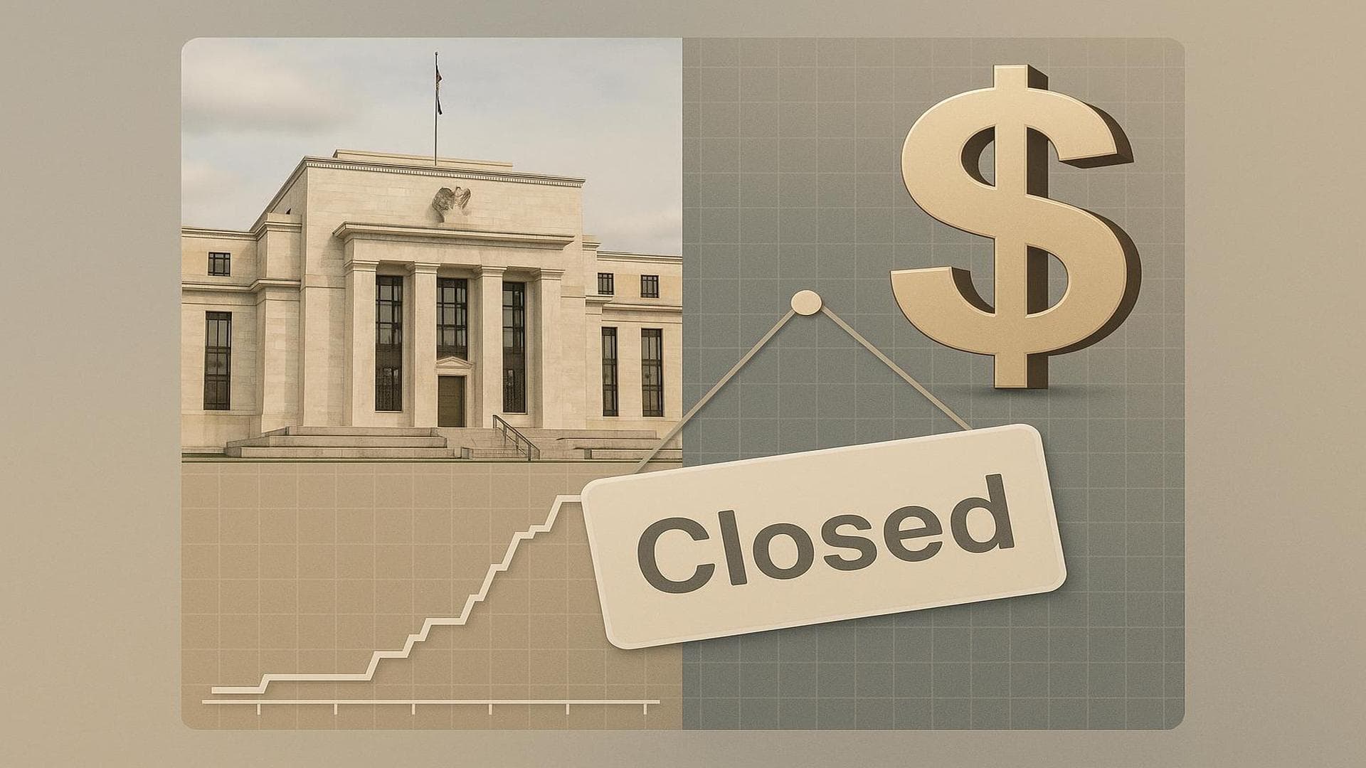 Federal Reserve building with US Dollar symbol and interest rate chart reflecting policy impact