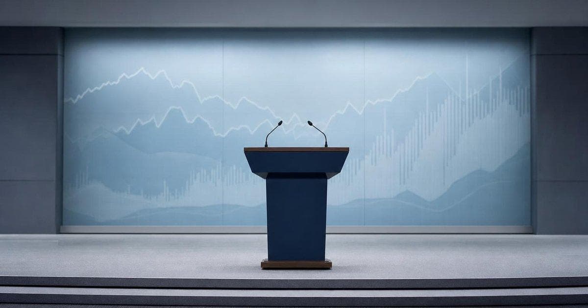 Empty central bank podium with charts, illustrating Fed vigilance on inflation and policy outlook