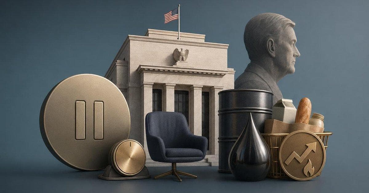 Federal Reserve building with interest rate pause theme during Powell’s last meeting and energy inflation pressure
