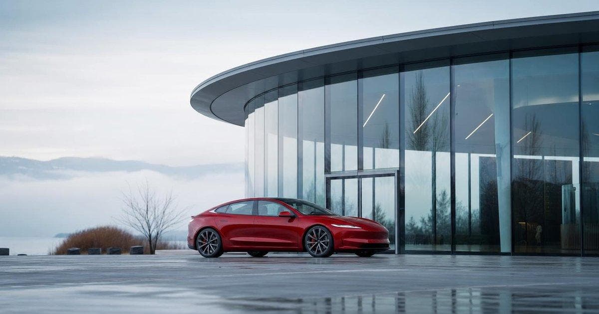 Unbranded red luxury electric sedan outside showroom as RACE stock reacts to Luce EV launch and pricing