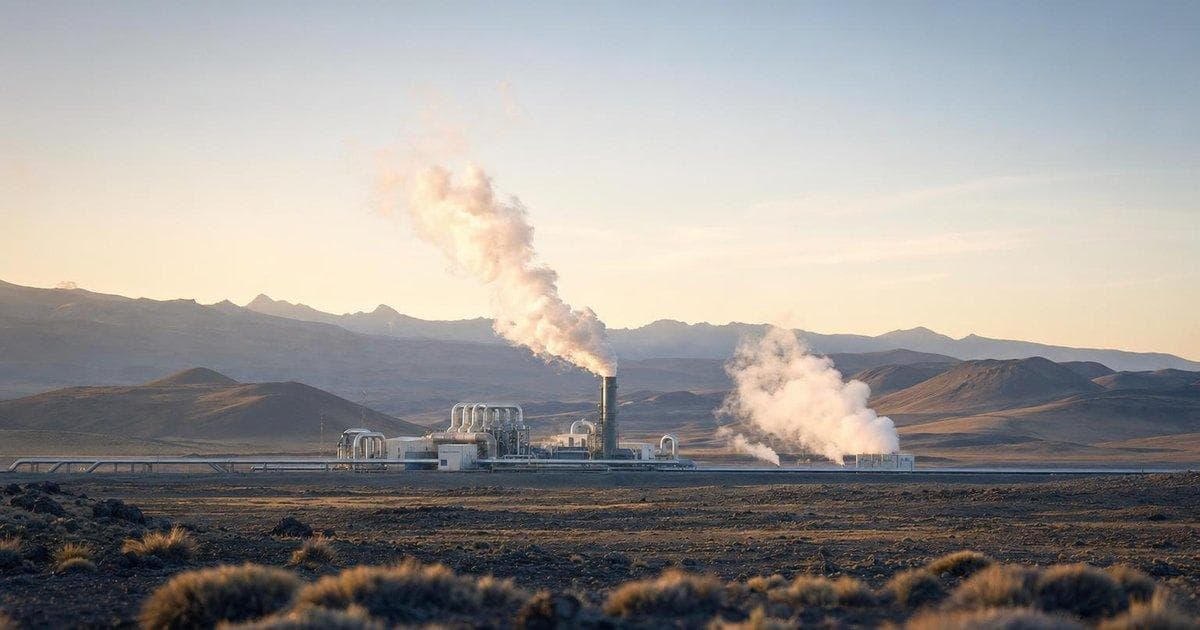 Geothermal power plant in desert landscape symbolizes strong Nasdaq IPO debut for renewable energy stock