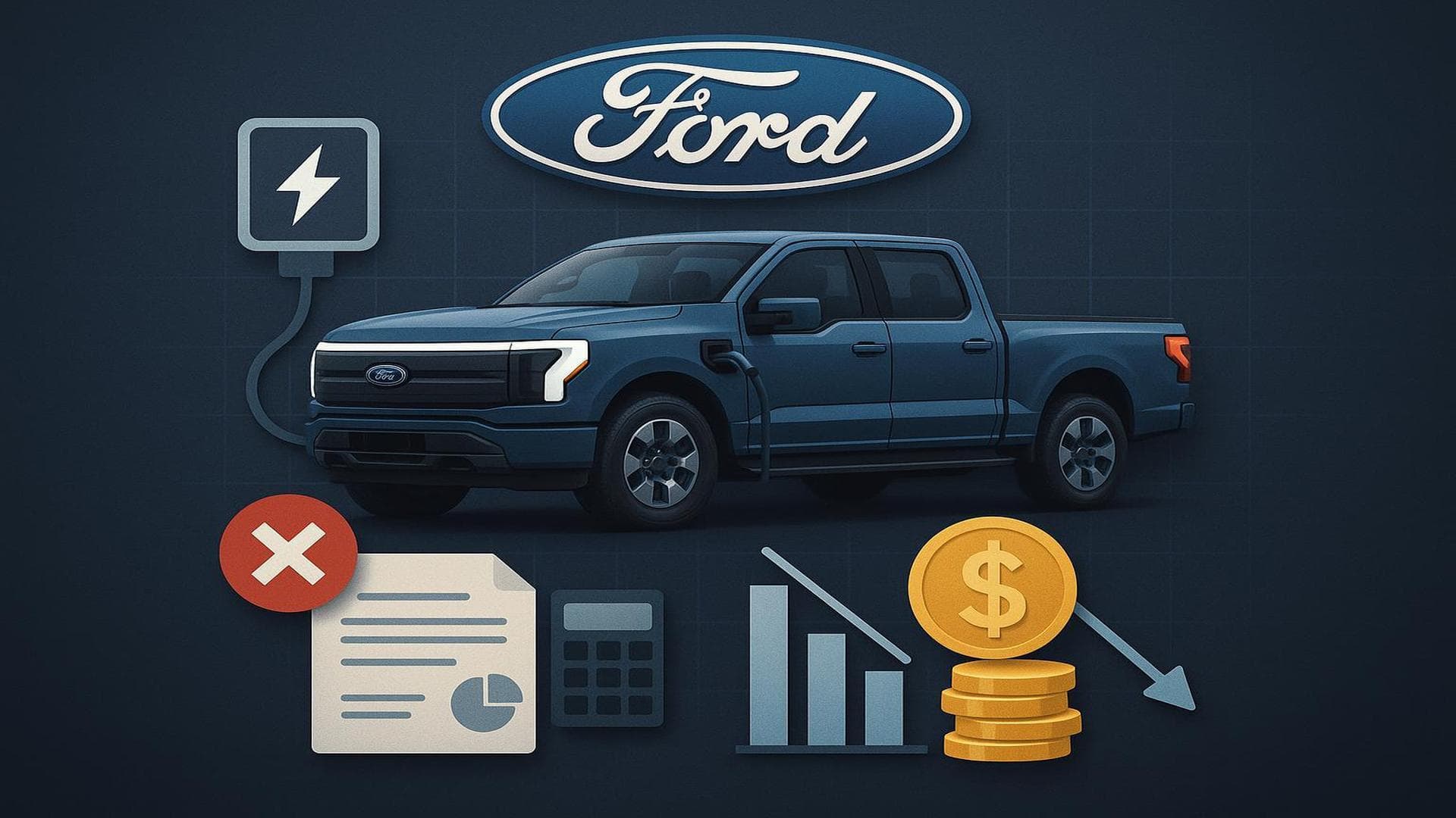 Ford logo with electric vehicle and financial charge graphics, highlighting F-150 Lightning production halt