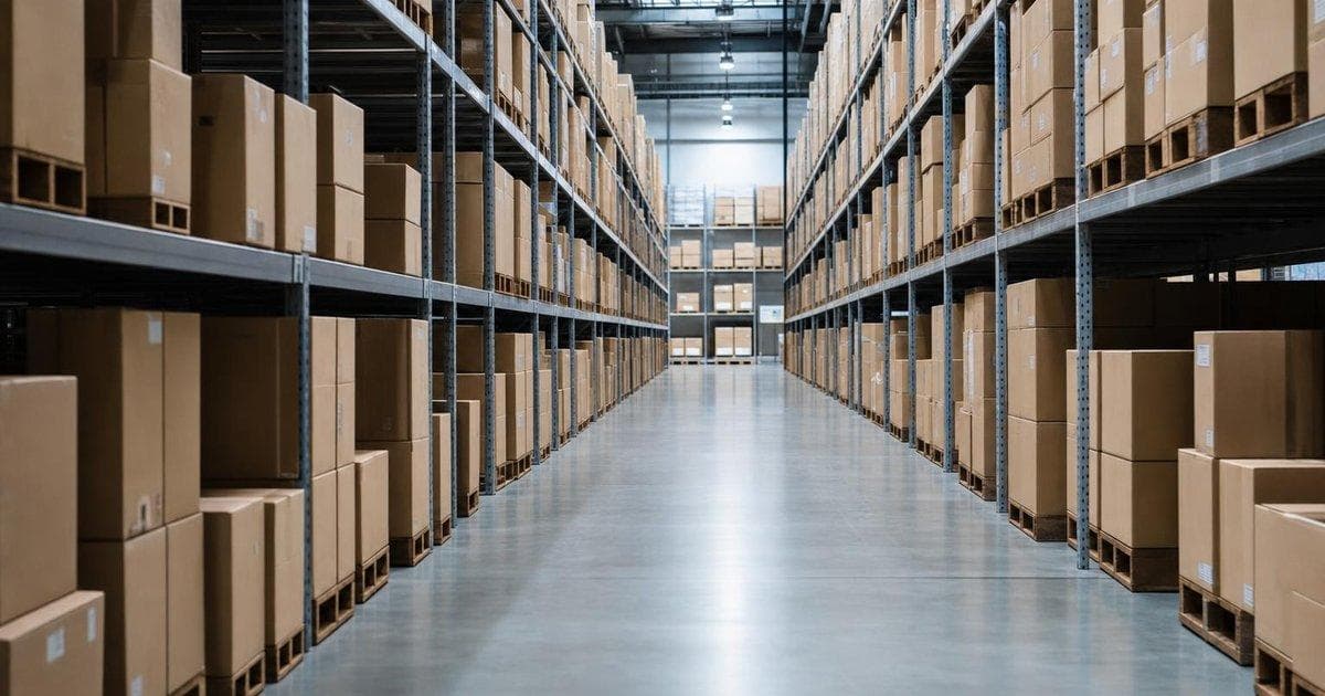 Warehouse shelves with shipping boxes symbolizing online marketplace takeover battle for GME and EBAY