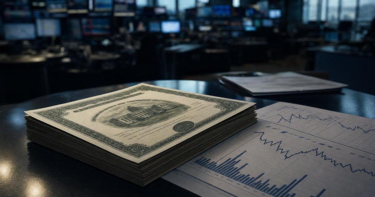 Trading desk with government bond certificates and yield charts amid global bond rout on inflation fears