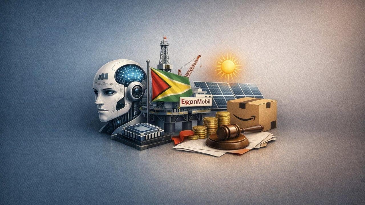 Collage of Maas Group, ExxonMobil, Amazon logos with solar panels and Guyana, Germany map
