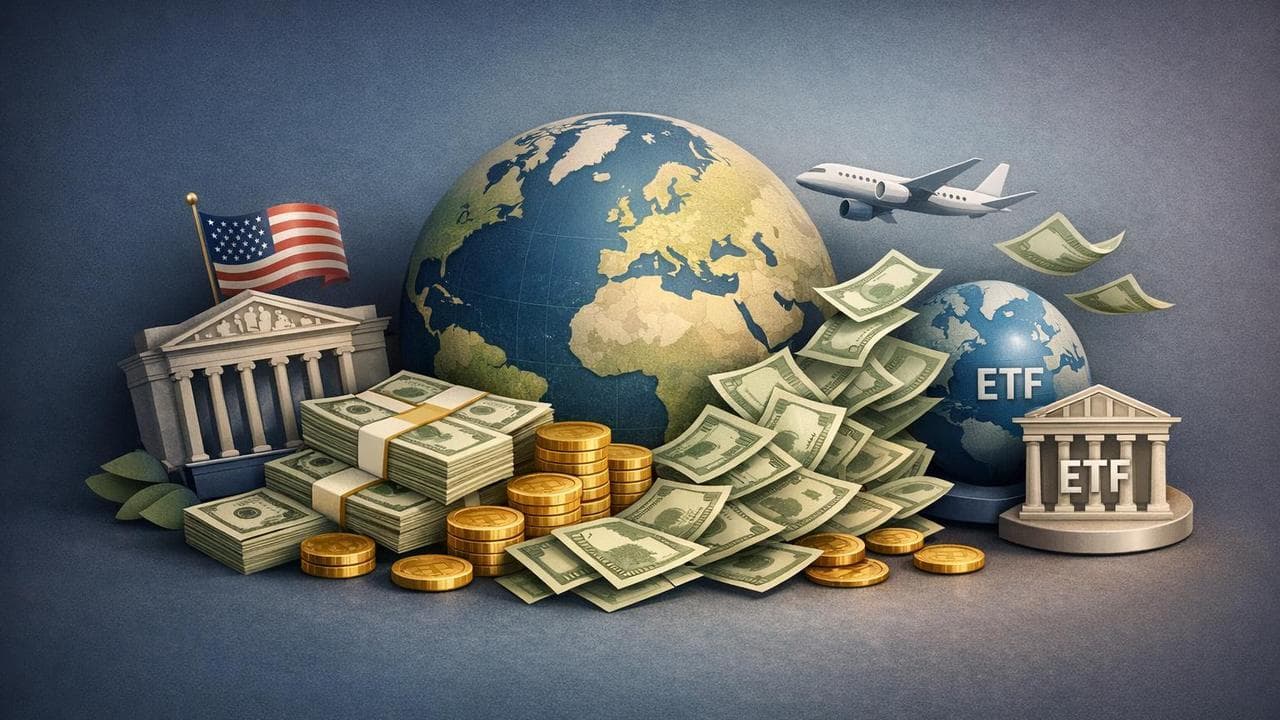 Visualization of global investors shifting funds into foreign equities and overseas ETFs