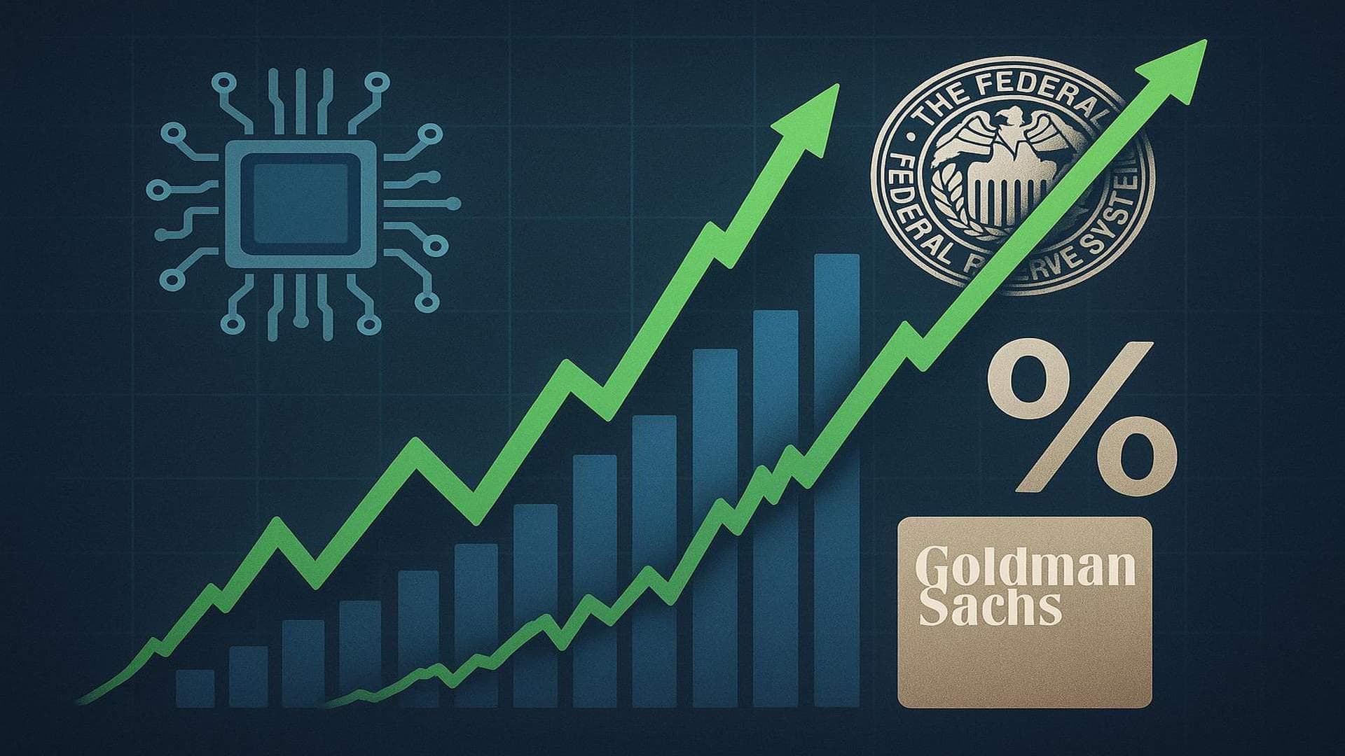 Global stock market rally visualization with tech sector gains and Fed rate cut optimism